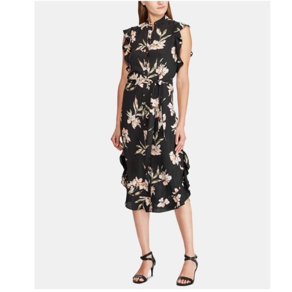 Lauren Ralph Lauren Crepe Ruffle Hem Shirt Dress Black Floral Midi Size 12 - Picture 1 of 11